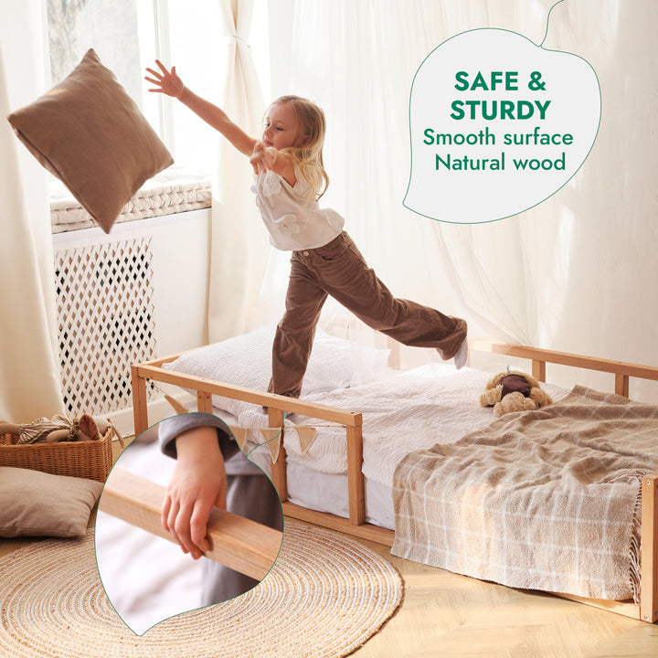 Montessori Floor Bed with Fence – Wooden Toddler Bed for Safe Sleep & Play