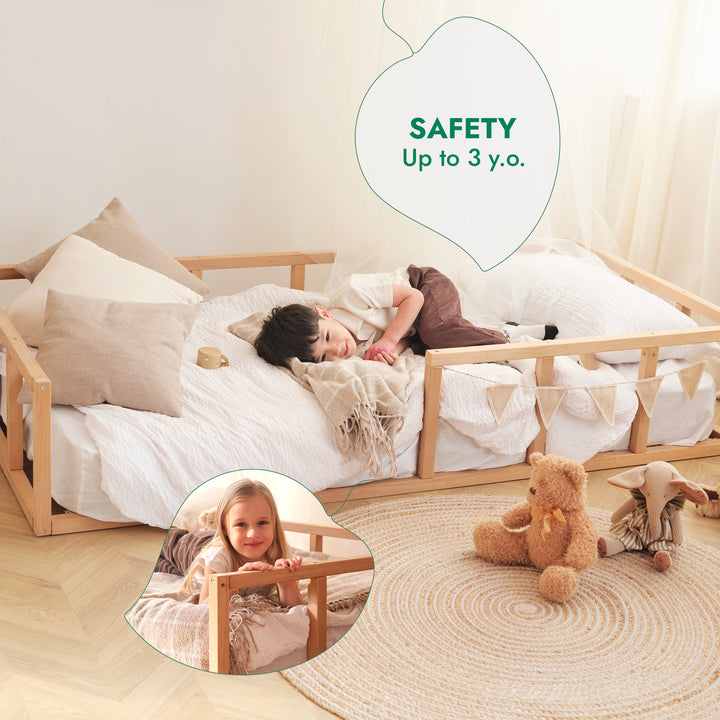 Montessori Floor Bed with Fence – Wooden Toddler Bed for Safe Sleep & Play