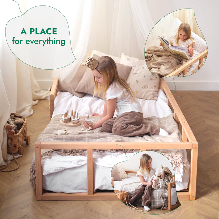 Montessori Floor Bed with Fence – Wooden Toddler Bed for Safe Sleep & Play