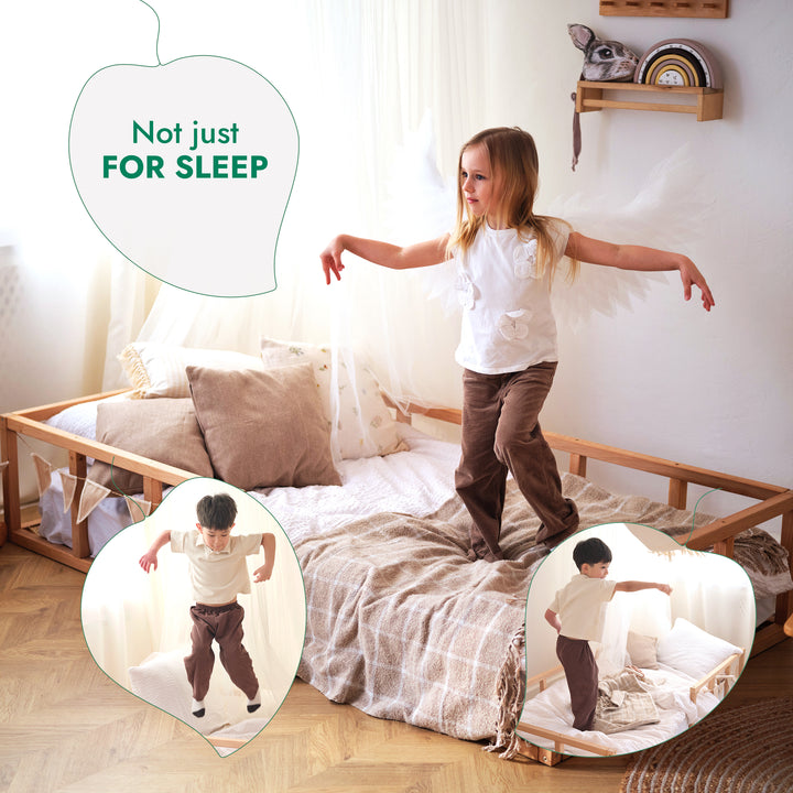 Montessori Floor Bed with Fence – Wooden Toddler Bed for Safe Sleep & Play