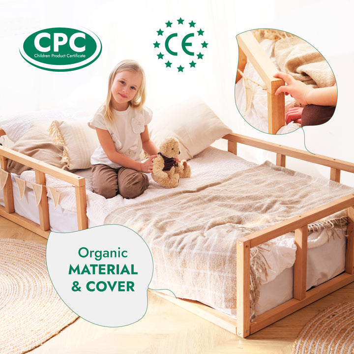 Montessori Floor Bed with Fence – Wooden Toddler Bed for Safe Sleep & Play