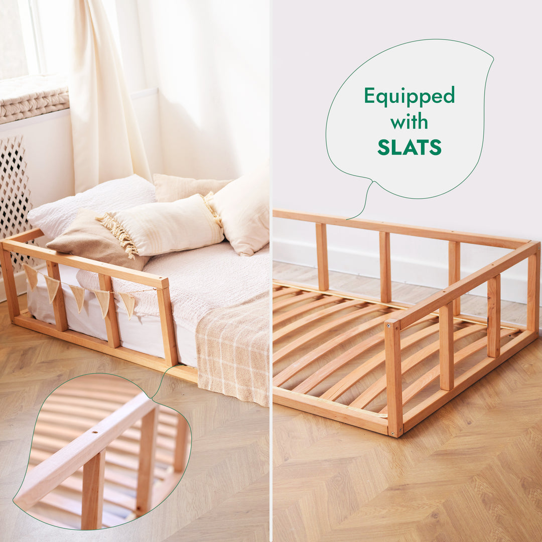 Montessori Floor Bed with Fence – Wooden Toddler Bed for Safe Sleep & Play