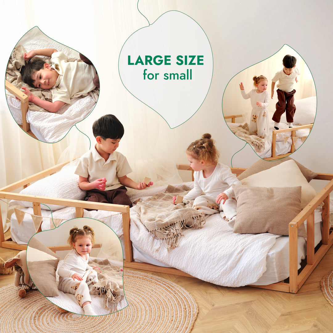 Montessori Floor Bed with Fence – Wooden Toddler Bed for Safe Sleep & Play