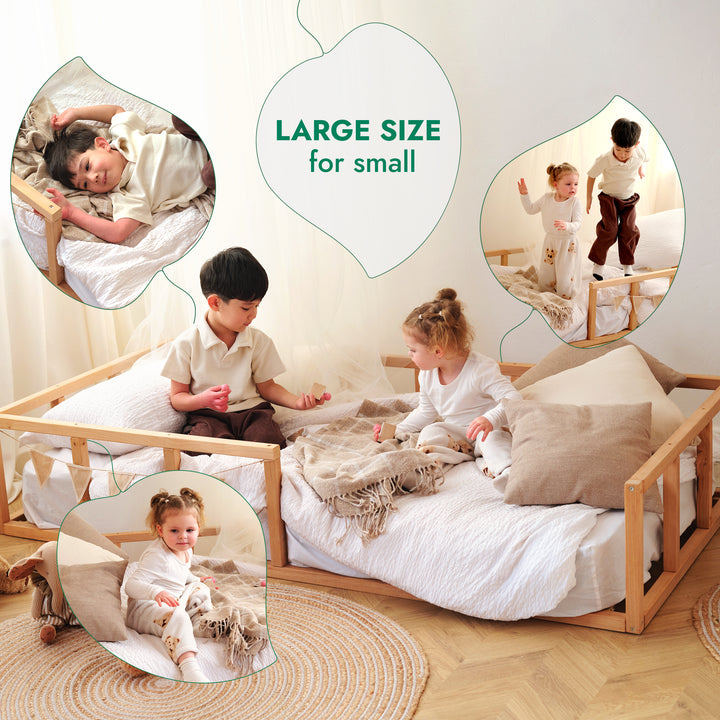 Montessori Floor Bed with Fence – Wooden Toddler Bed for Safe Sleep & Play