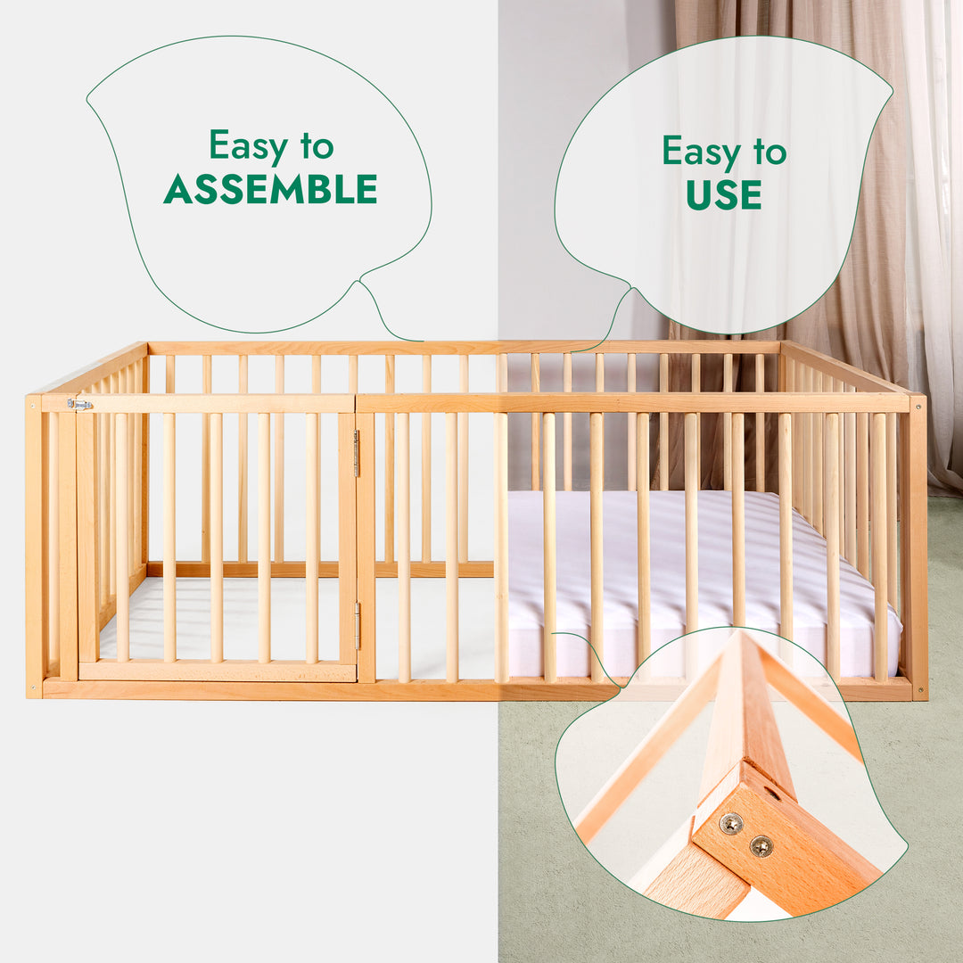 Montessori Floor Bed with Fence – Wooden Toddler Bed for Safe Sleep & Play