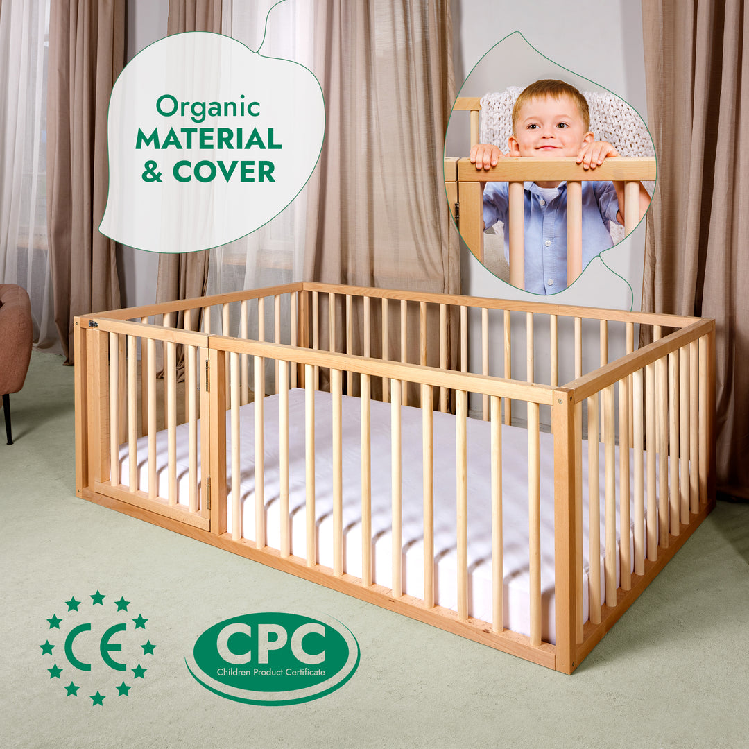 Montessori Floor Bed with Fence – Wooden Toddler Bed for Safe Sleep & Play