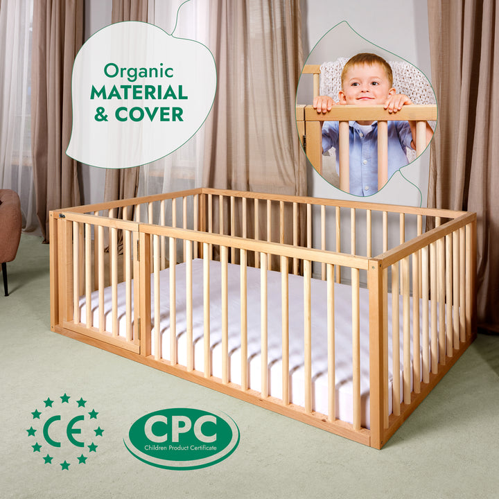 Montessori Floor Bed with Fence – Wooden Toddler Bed for Safe Sleep & Play