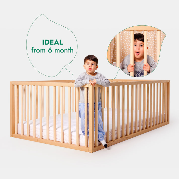 Montessori Floor Bed with Fence – Wooden Toddler Bed for Safe Sleep & Play