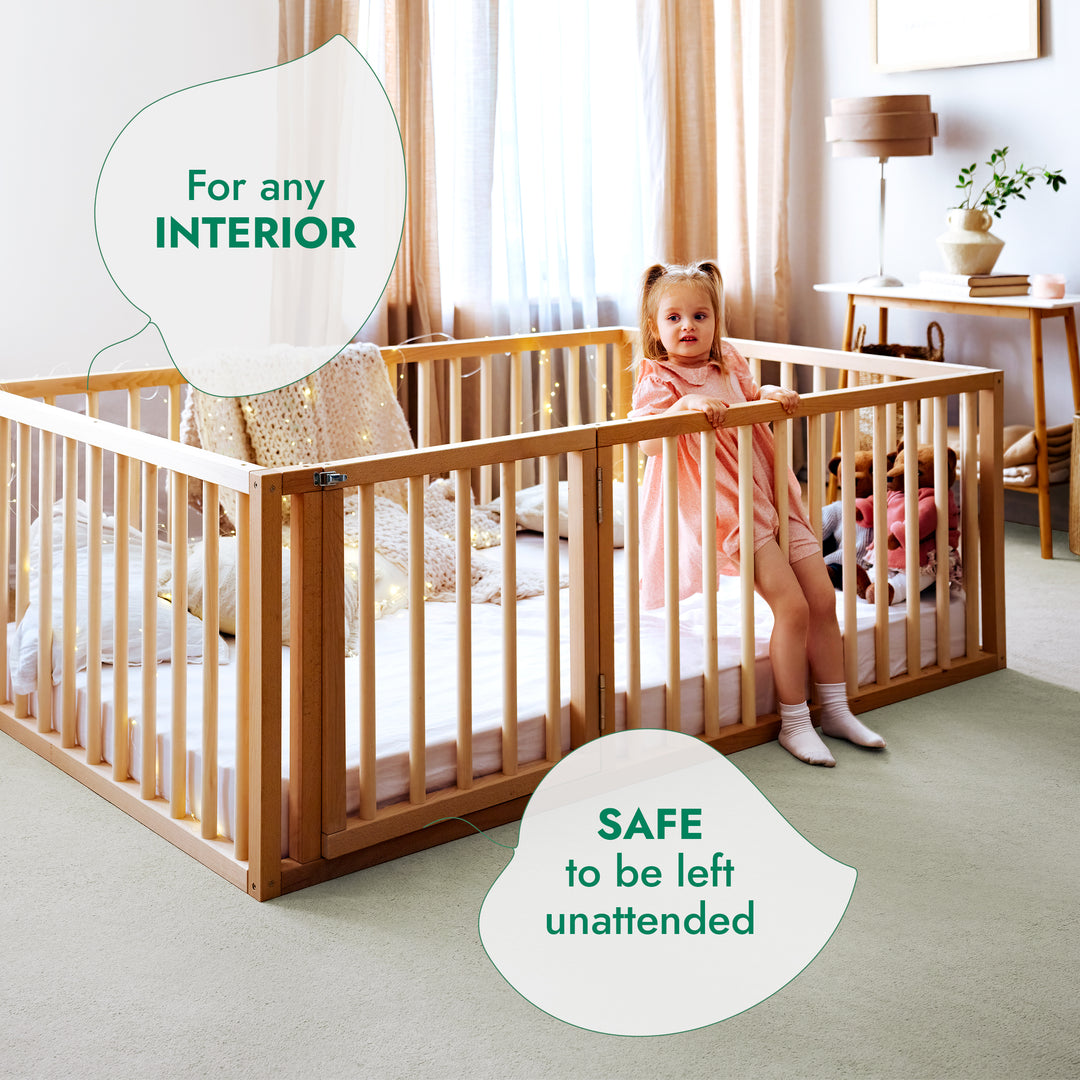 Montessori Floor Bed with Fence – Wooden Toddler Bed for Safe Sleep & Play