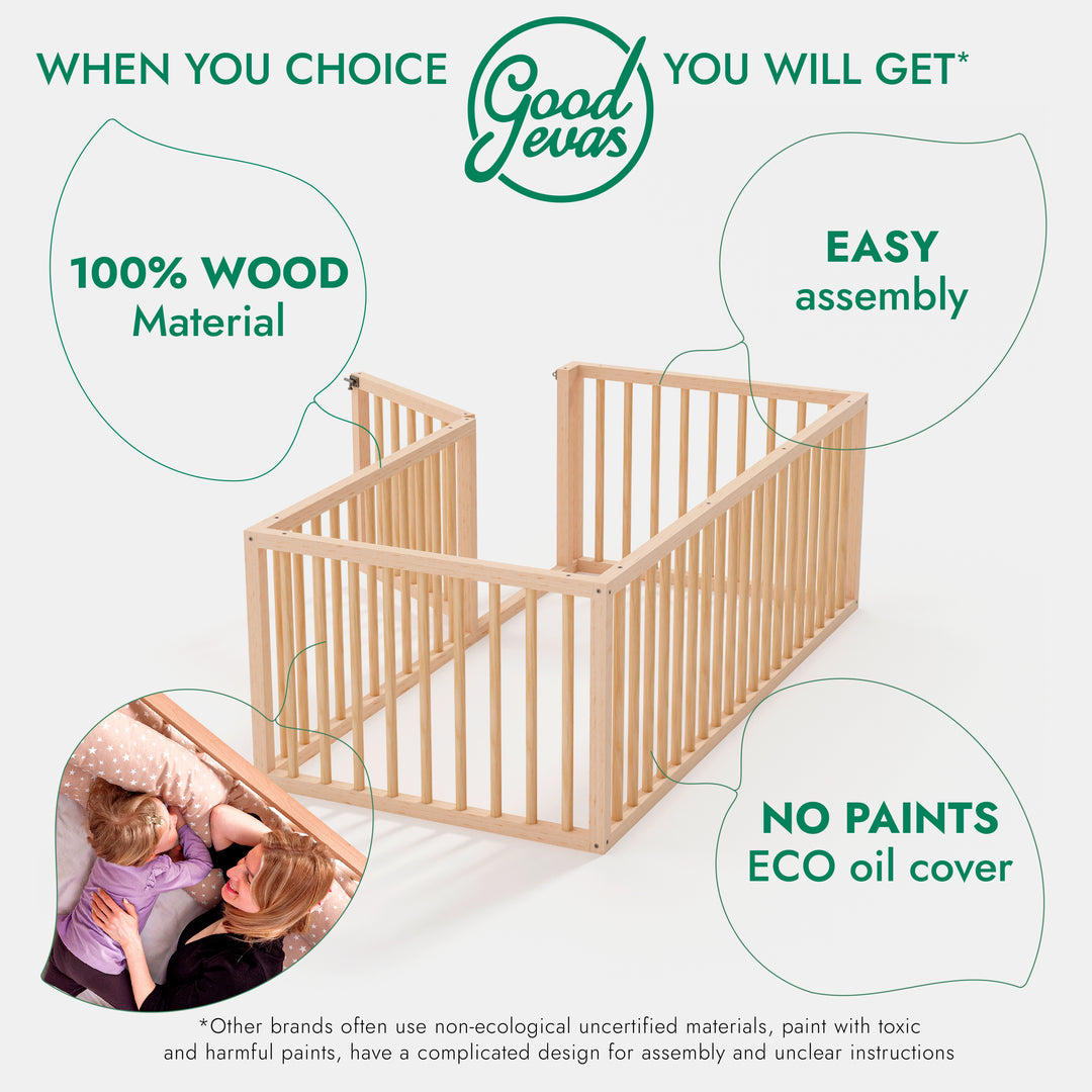 Montessori Floor Bed with Fence – Wooden Toddler Bed for Safe Sleep & Play