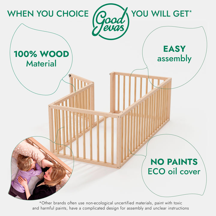 Montessori Floor Bed with Fence – Wooden Toddler Bed for Safe Sleep & Play