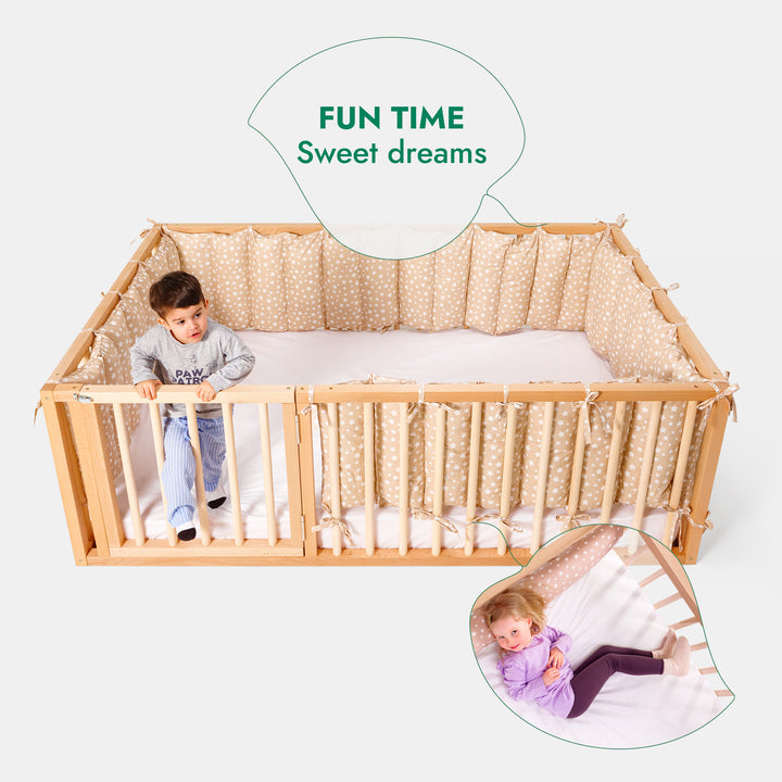 Montessori Floor Bed with Fence – Wooden Toddler Bed for Safe Sleep & Play