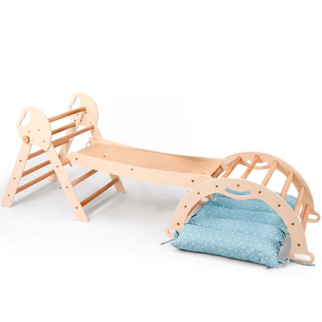 4in1 Montessori Climbing Frame: Pikler Triangle + Arch + Slide Board + Cushion for Toddlers (1–3 Years)