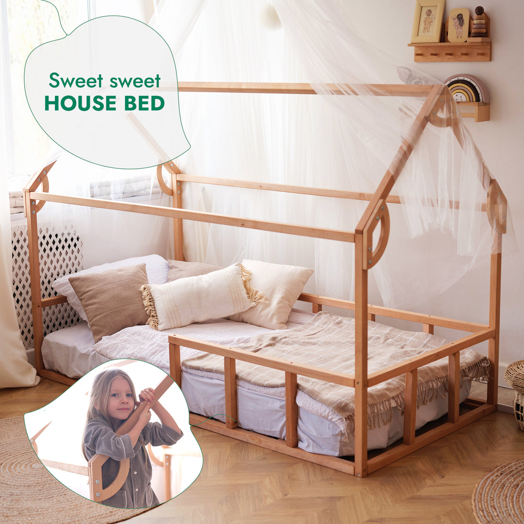 Montessori House Bed with Fence – Hardwood Floor Bed for Toddlers