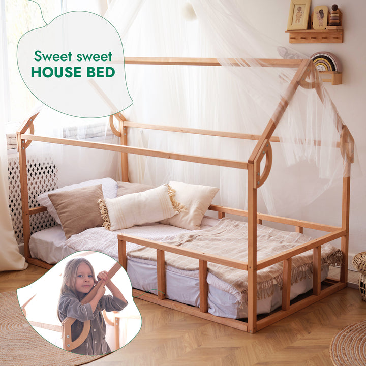 Montessori House Bed with Fence – Hardwood Floor Bed for Toddlers