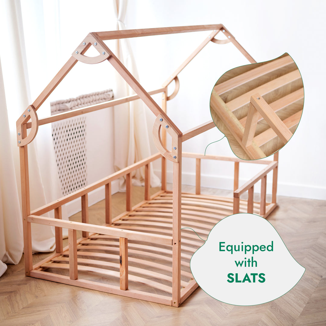 Montessori House Bed with Fence – Hardwood Floor Bed for Toddlers