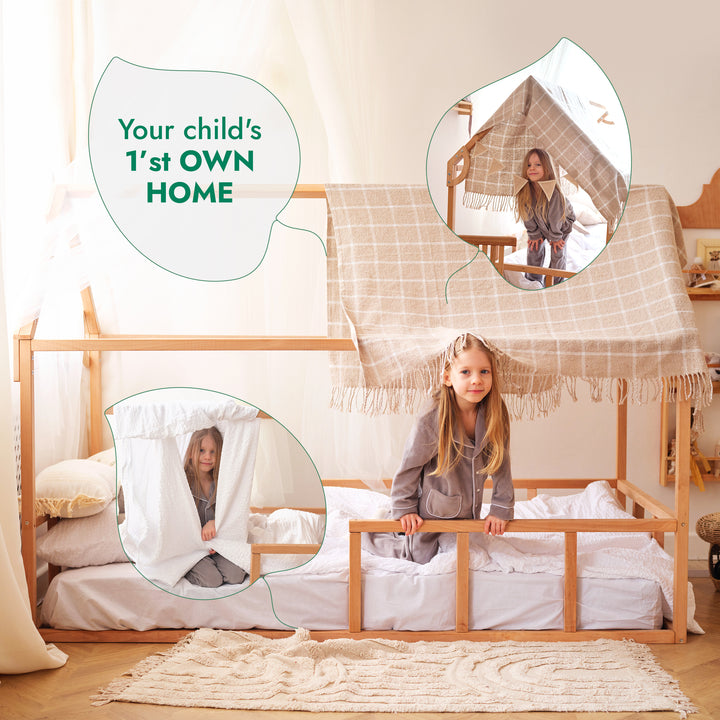 Montessori House Bed with Fence – Hardwood Floor Bed for Toddlers