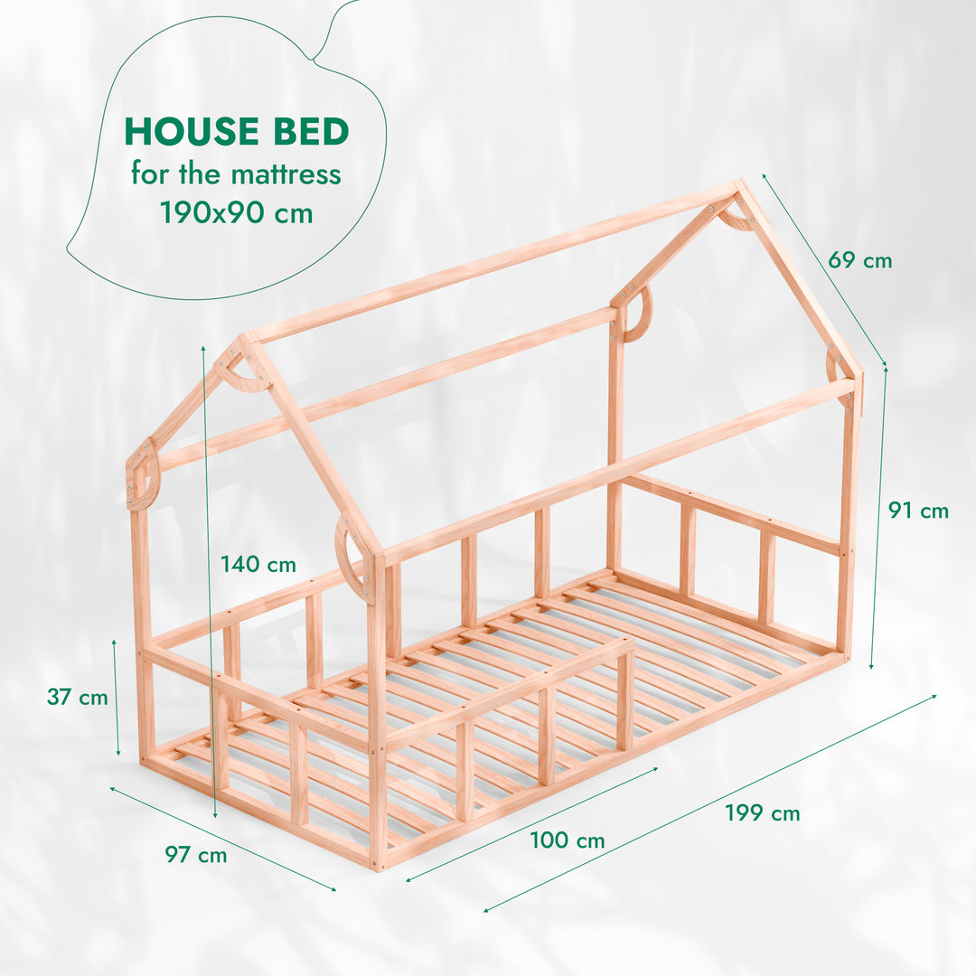 Montessori House Bed with Fence – Hardwood Floor Bed for Toddlers
