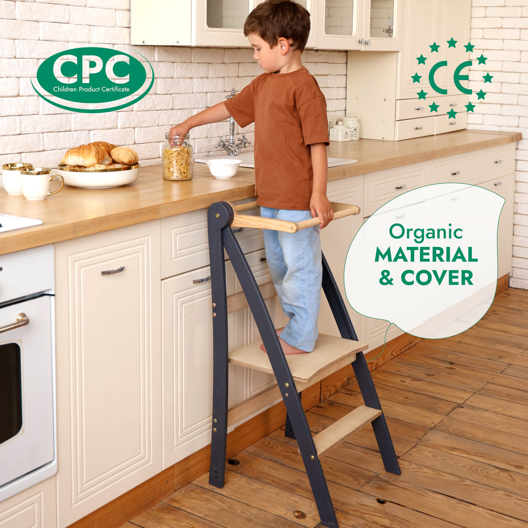 Folding Growing Chair – Montessori Step Stool with Safety Rails for Toddlers – Graphite
