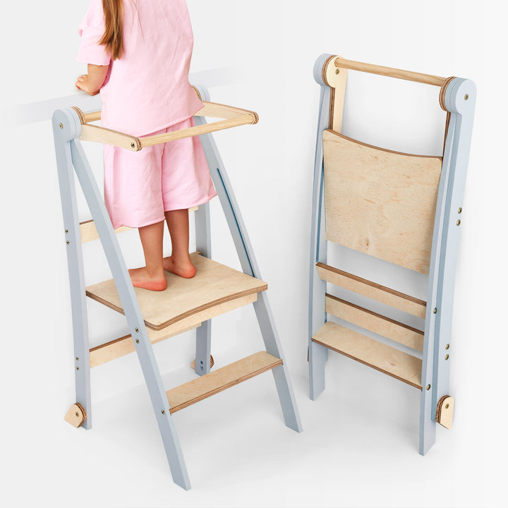Folding Helping Stool – Montessori Growing Chair with Safety Rails for Toddlers – Grey
