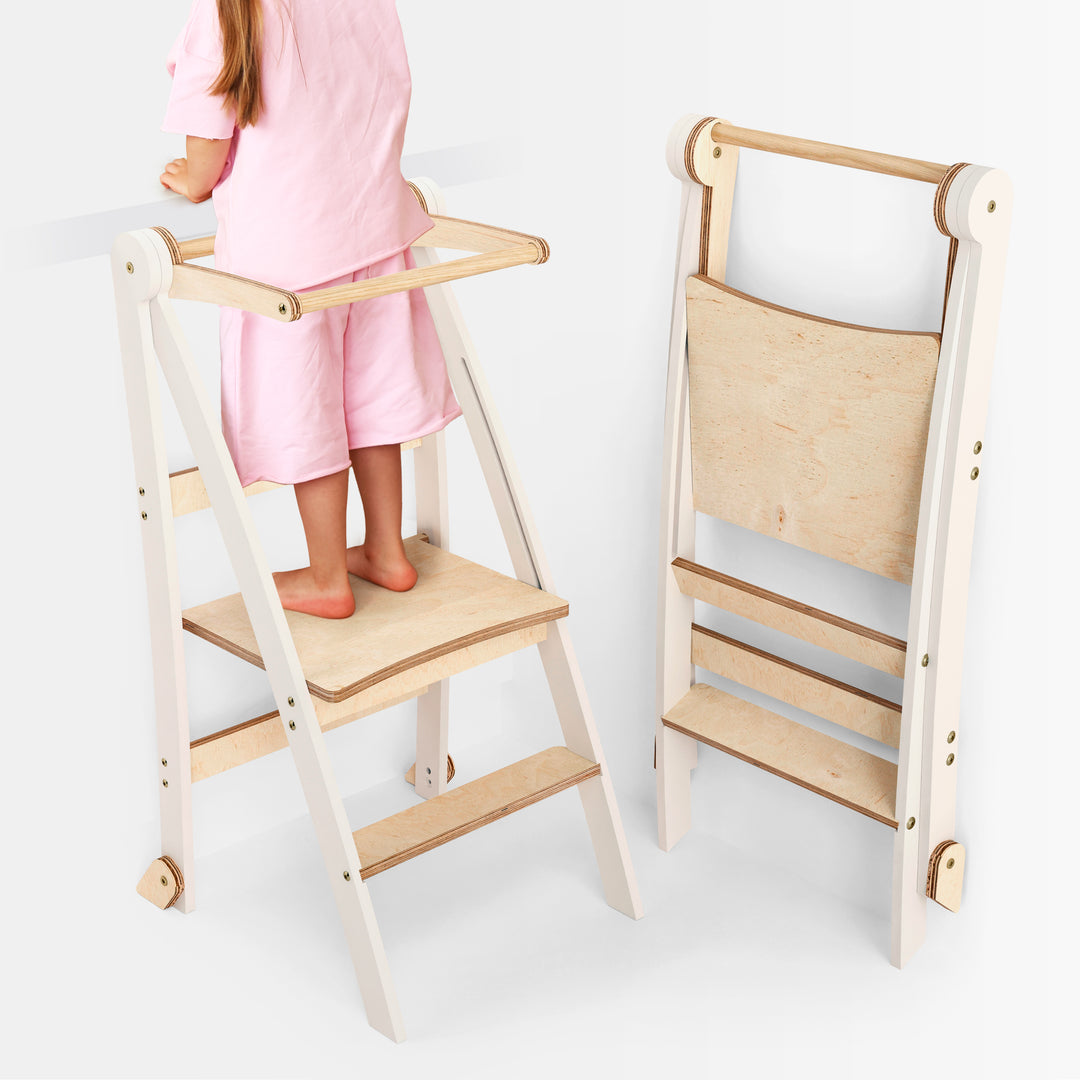 Folding Growing Chair– Montessori Step Stool with Safety Rails for Toddlers – White