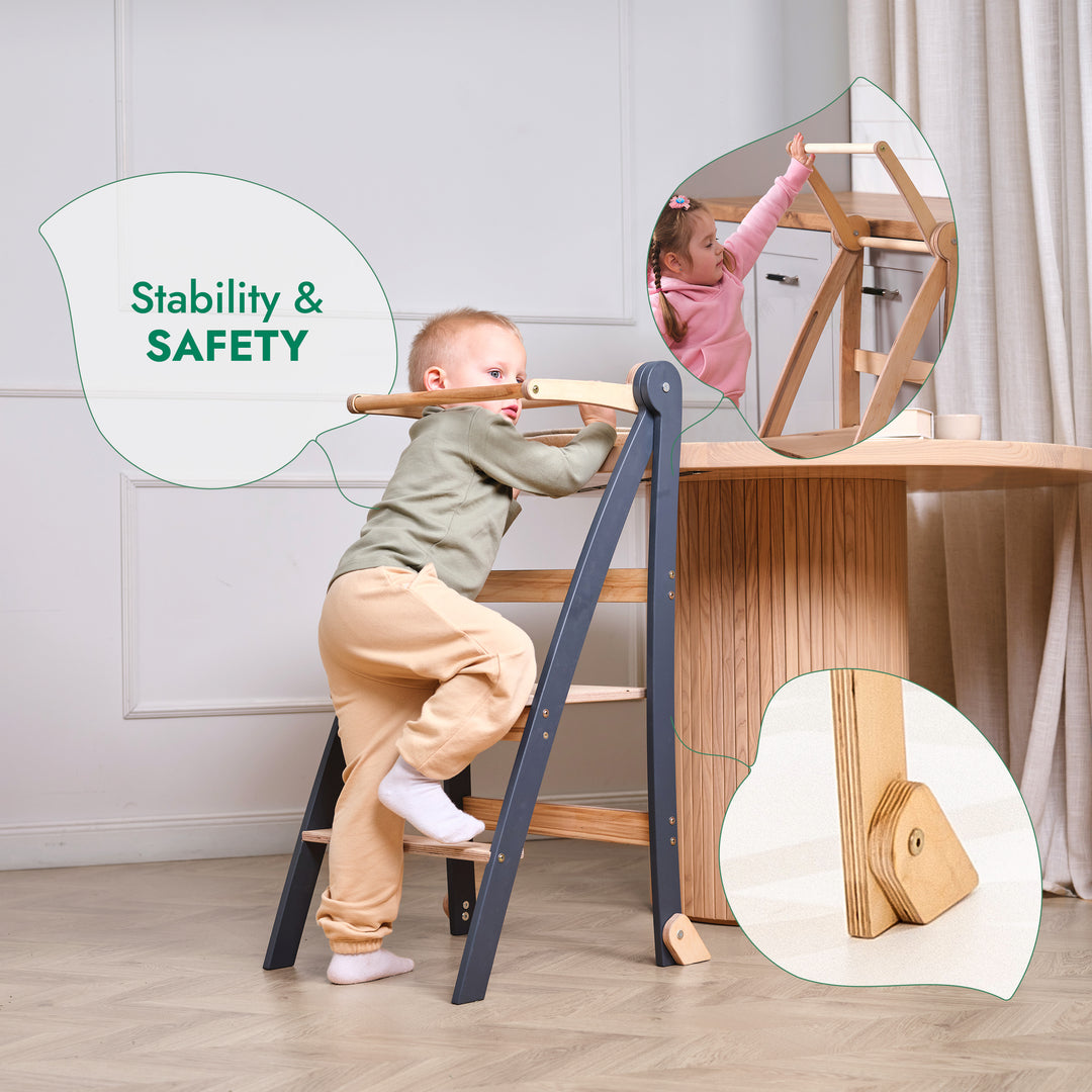 Folding Growing Chair – Montessori Step Stool with Safety Rails for Toddlers – Graphite