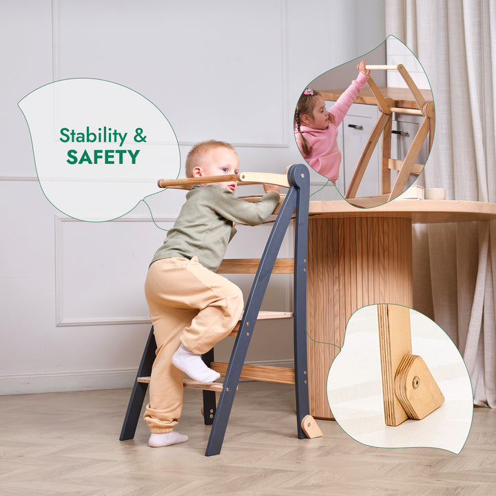 Folding Growing Chair – Montessori Step Stool with Safety Rails for Toddlers – Graphite