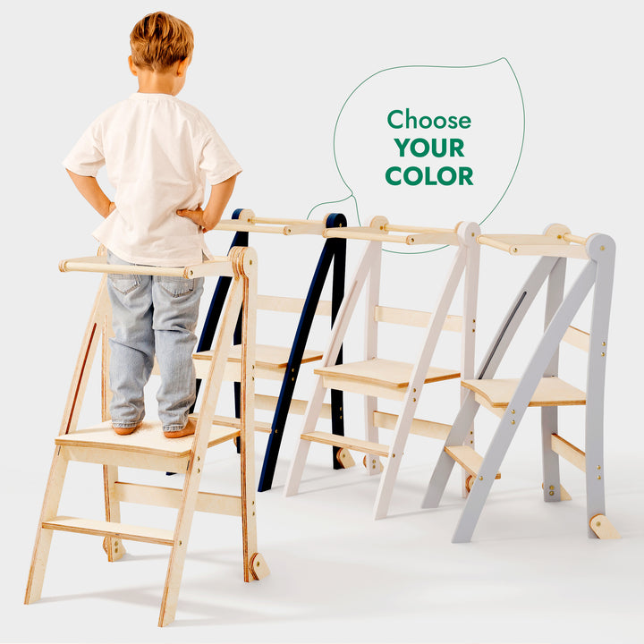 Folding Growing Chair – Montessori Step Stool with Safety Rails for Toddlers – Graphite