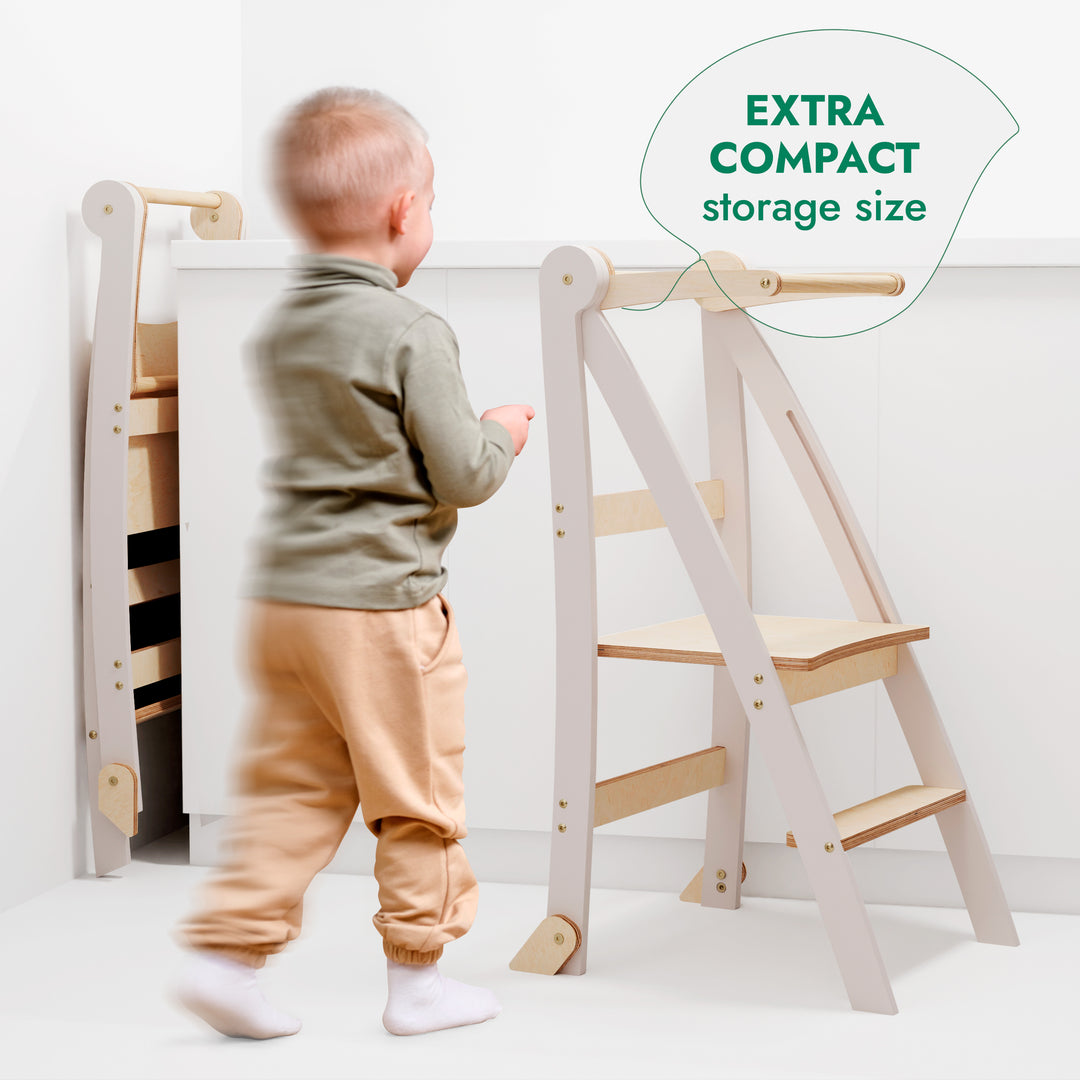 Folding Growing Chair– Montessori Step Stool with Safety Rails for Toddlers – White