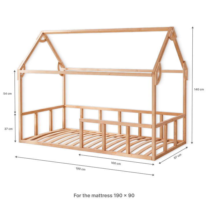 Single Montessori House Bed – Solid Wood Floor Bed with Guard Rails