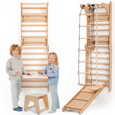 7in1 Swedish Ladder for Kids – Transforms into Pikler Triangle, Slide, Swing & Art Add-on