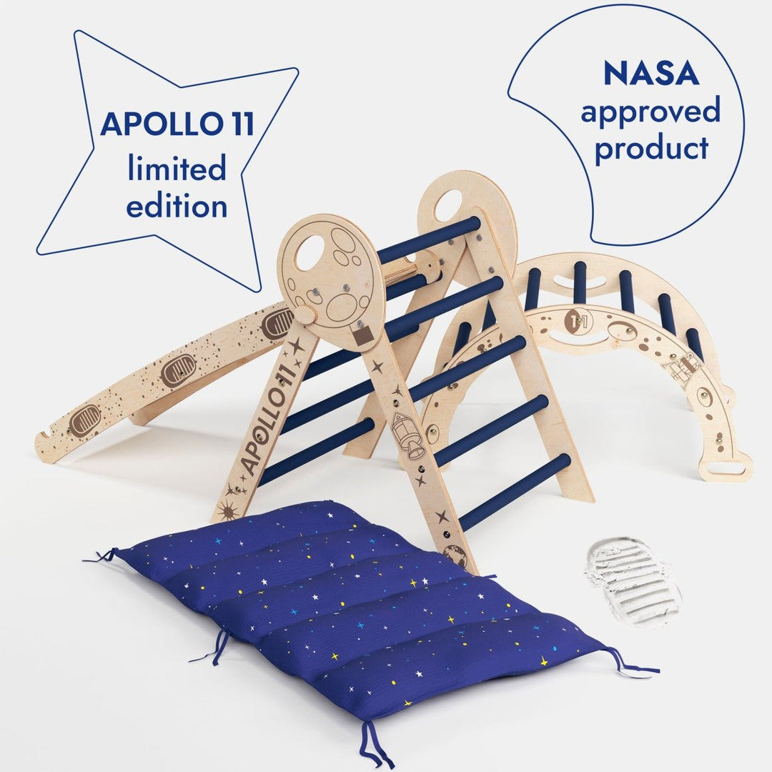 Apollo 4in1 Climbing Set:  Pikler Triangle, Arch, Slide Board, and Cushion for Little Toddlers Astronauts