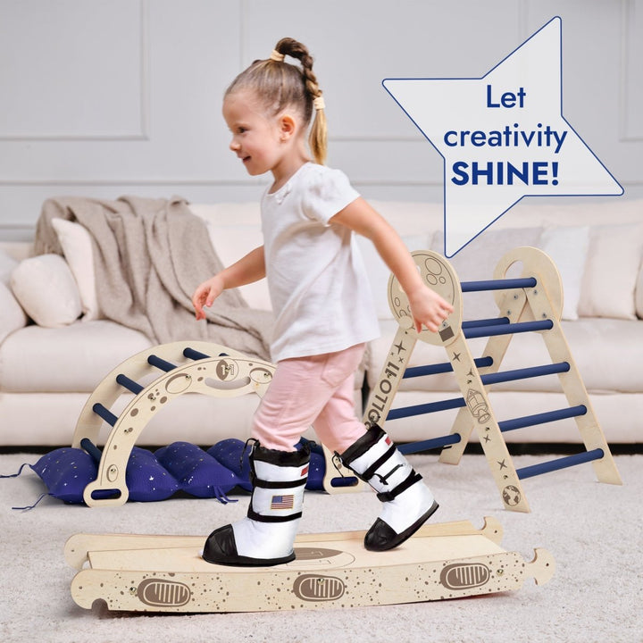 Apollo 4in1 Climbing Set:  Pikler Triangle, Arch, Slide Board, and Cushion for Little Toddlers Astronauts
