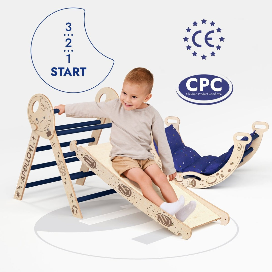 Apollo 4in1 Climbing Set:  Pikler Triangle, Arch, Slide Board, and Cushion for Little Toddlers Astronauts