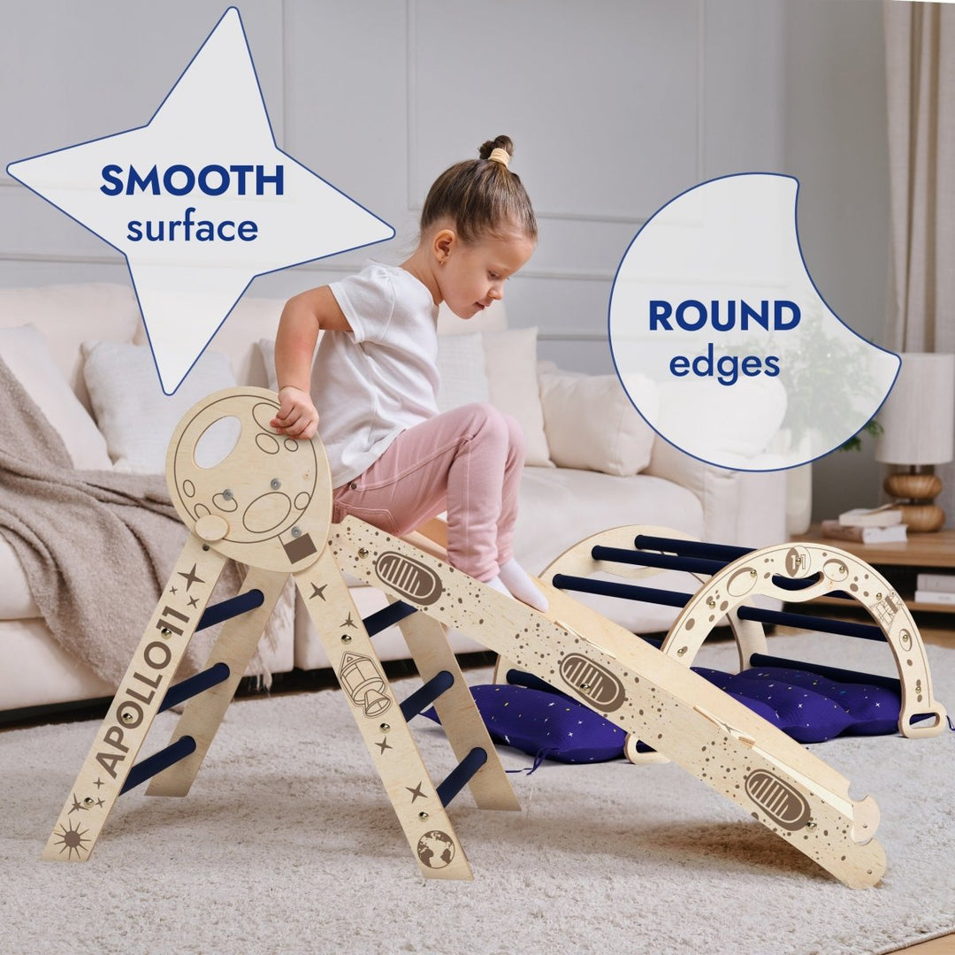 Apollo 4in1 Climbing Set:  Pikler Triangle, Arch, Slide Board, and Cushion for Little Toddlers Astronauts