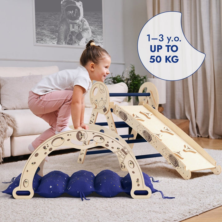 Apollo 4in1 Climbing Set:  Pikler Triangle, Arch, Slide Board, and Cushion for Little Toddlers Astronauts
