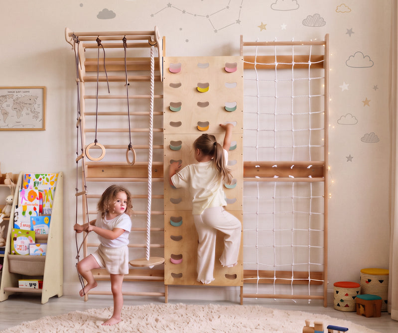 7-in-1 Indoor Climbing Frame for Kids: Wall Bars, Rock Wall, Net, Pull-Up Bar, 3-in-1 Swing Set