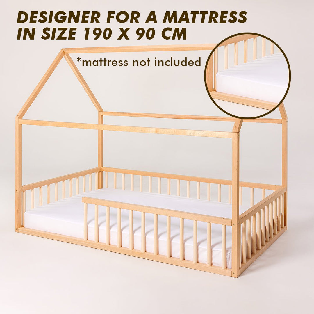 Montessori House Bed with Fence – Hardwood Floor Bed for Toddlers