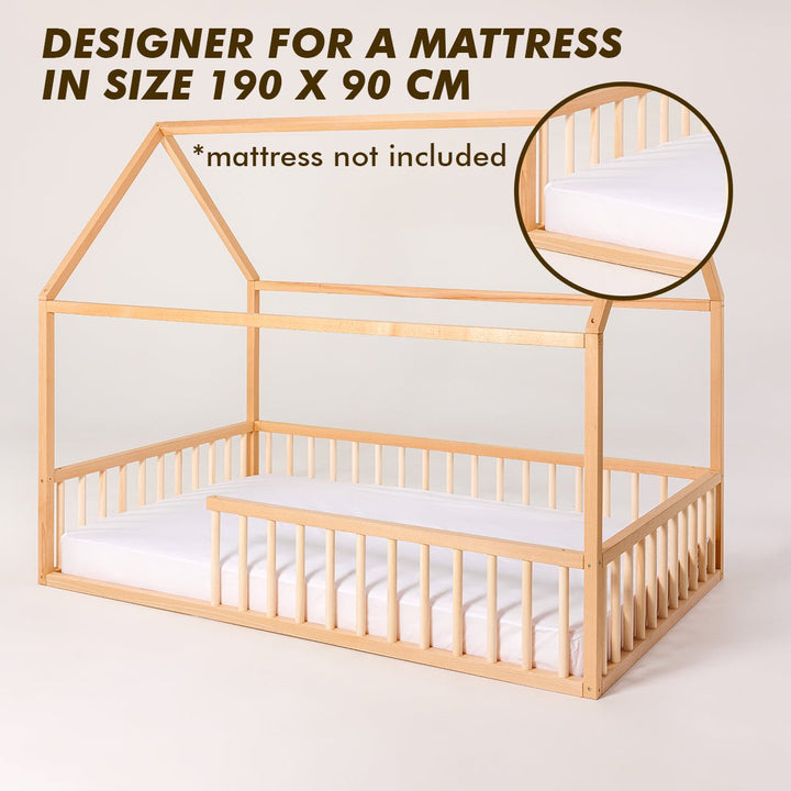 Montessori House Bed with Fence – Hardwood Floor Bed for Toddlers