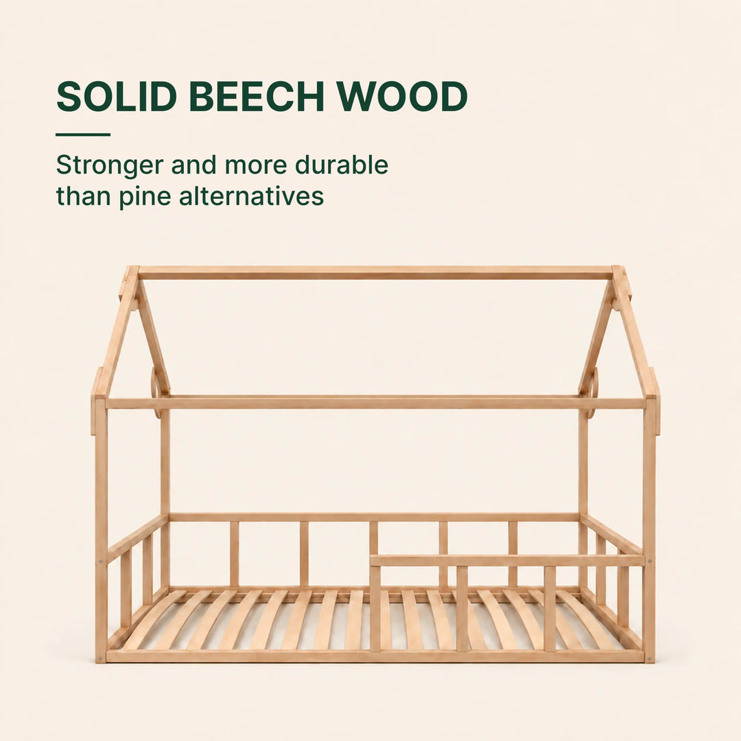 Single Montessori House Bed – Solid Wood Floor Bed with Guard Rails