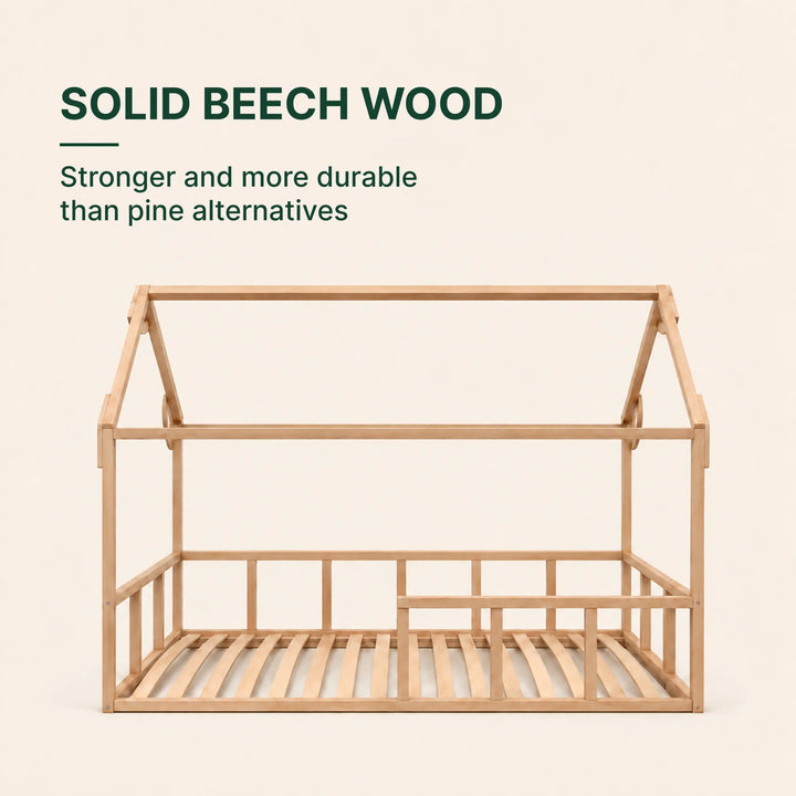 Single Montessori House Bed – Solid Wood Floor Bed with Guard Rails