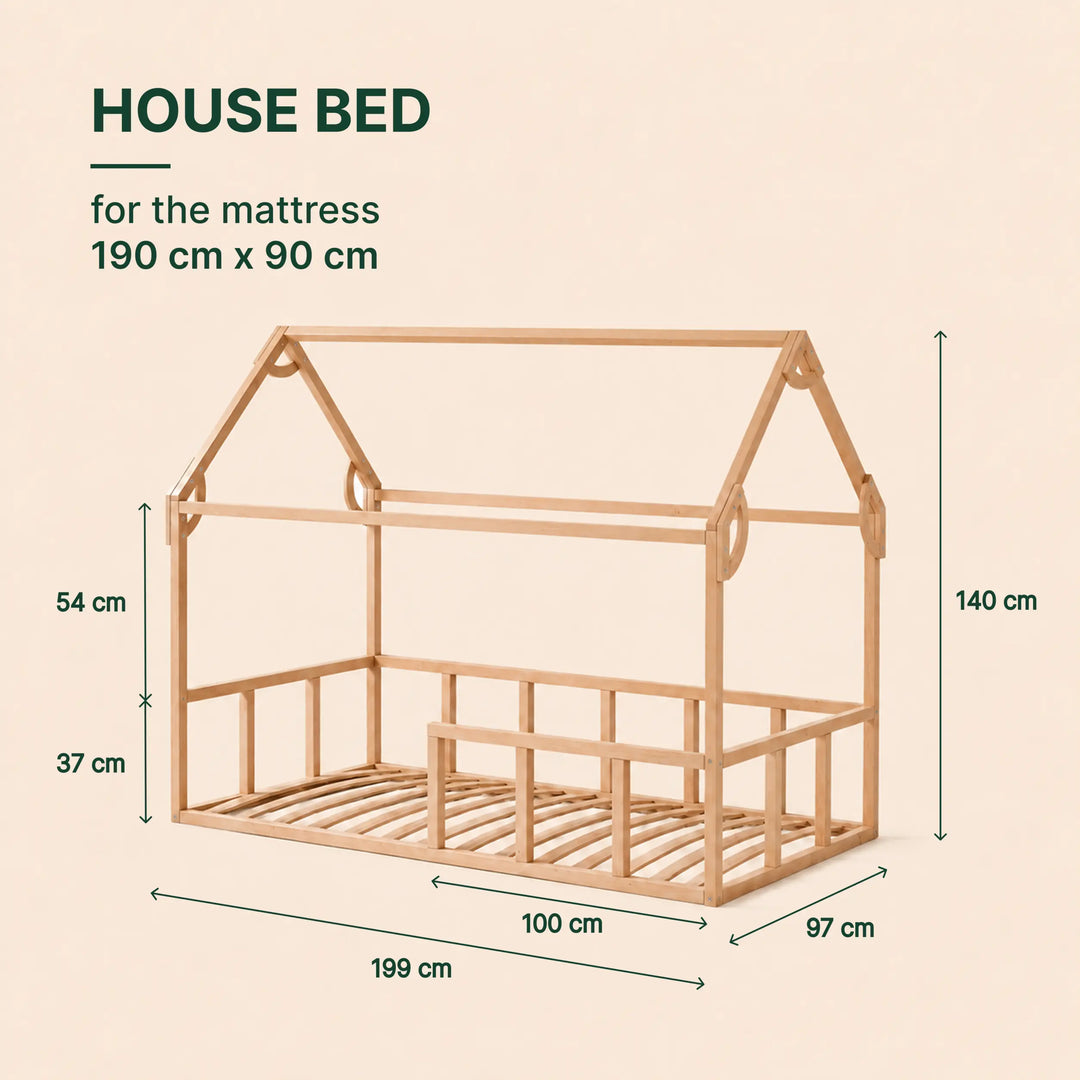 Single Montessori House Bed – Solid Wood Floor Bed with Guard Rails