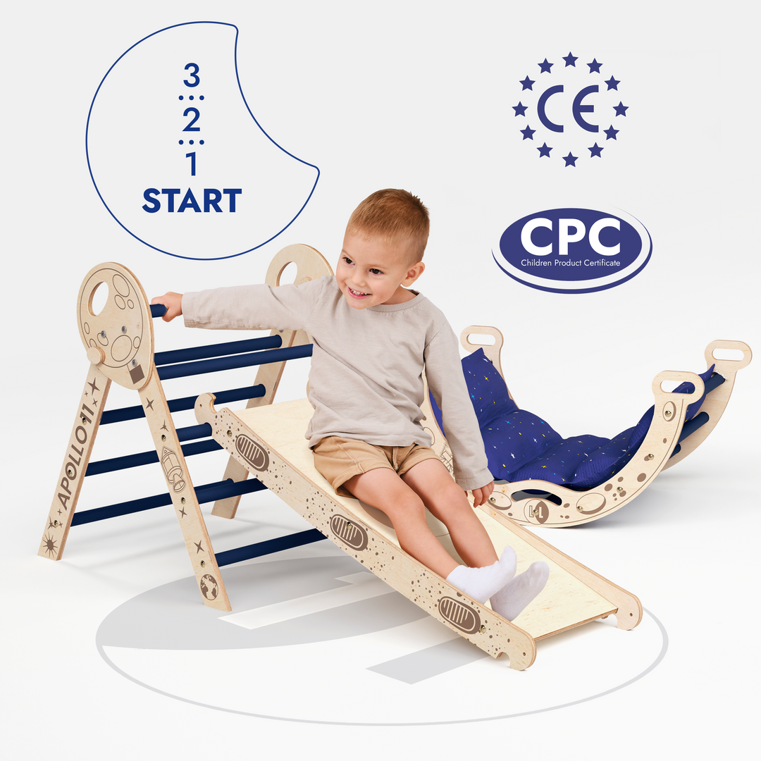 Apollo 4in1 Climbing Set:  Pikler Triangle, Arch, Slide Board, and Cushion for Little Toddlers Astronauts