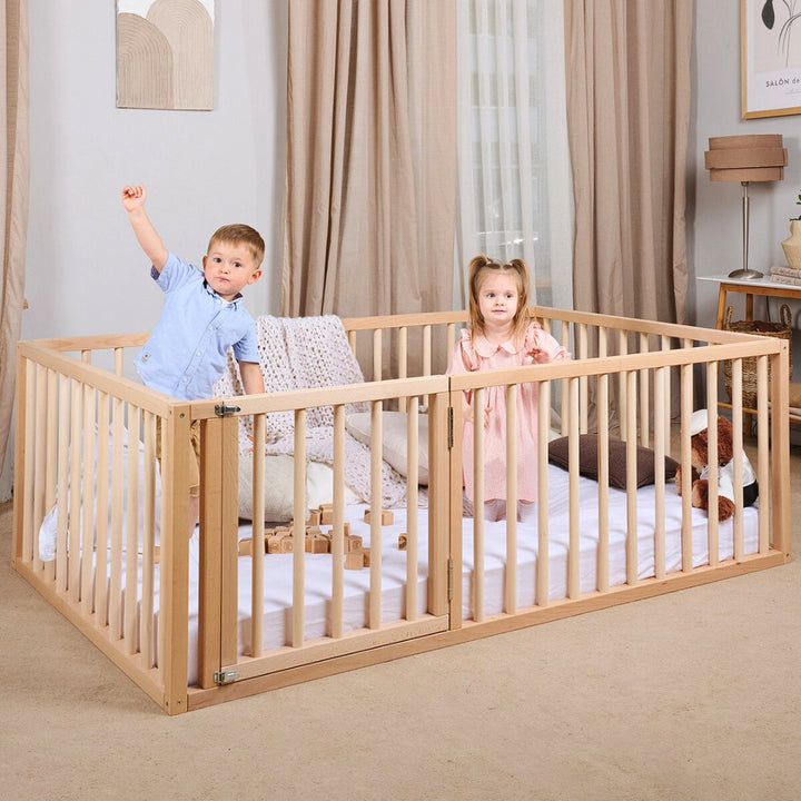 Montessori Floor Bed with Fence – Wooden Toddler Bed for Safe Sleep & Play