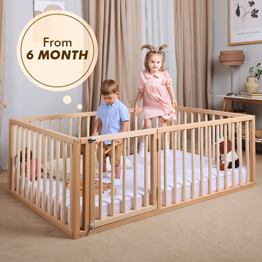 Montessori Floor Bed with Fence – Wooden Toddler Bed for Safe Sleep & Play