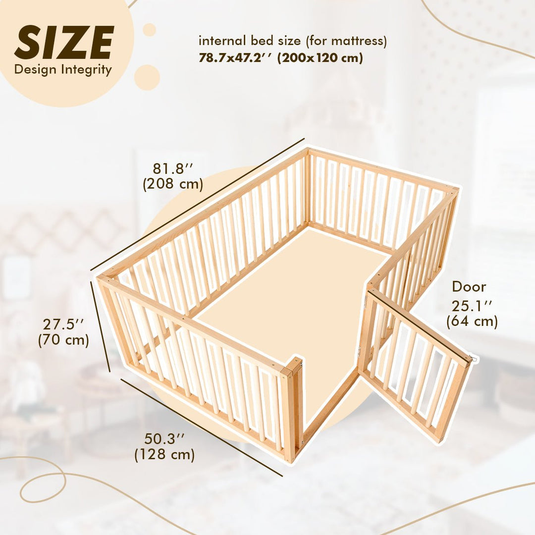 Montessori Floor Bed with Fence – Wooden Toddler Bed for Safe Sleep & Play