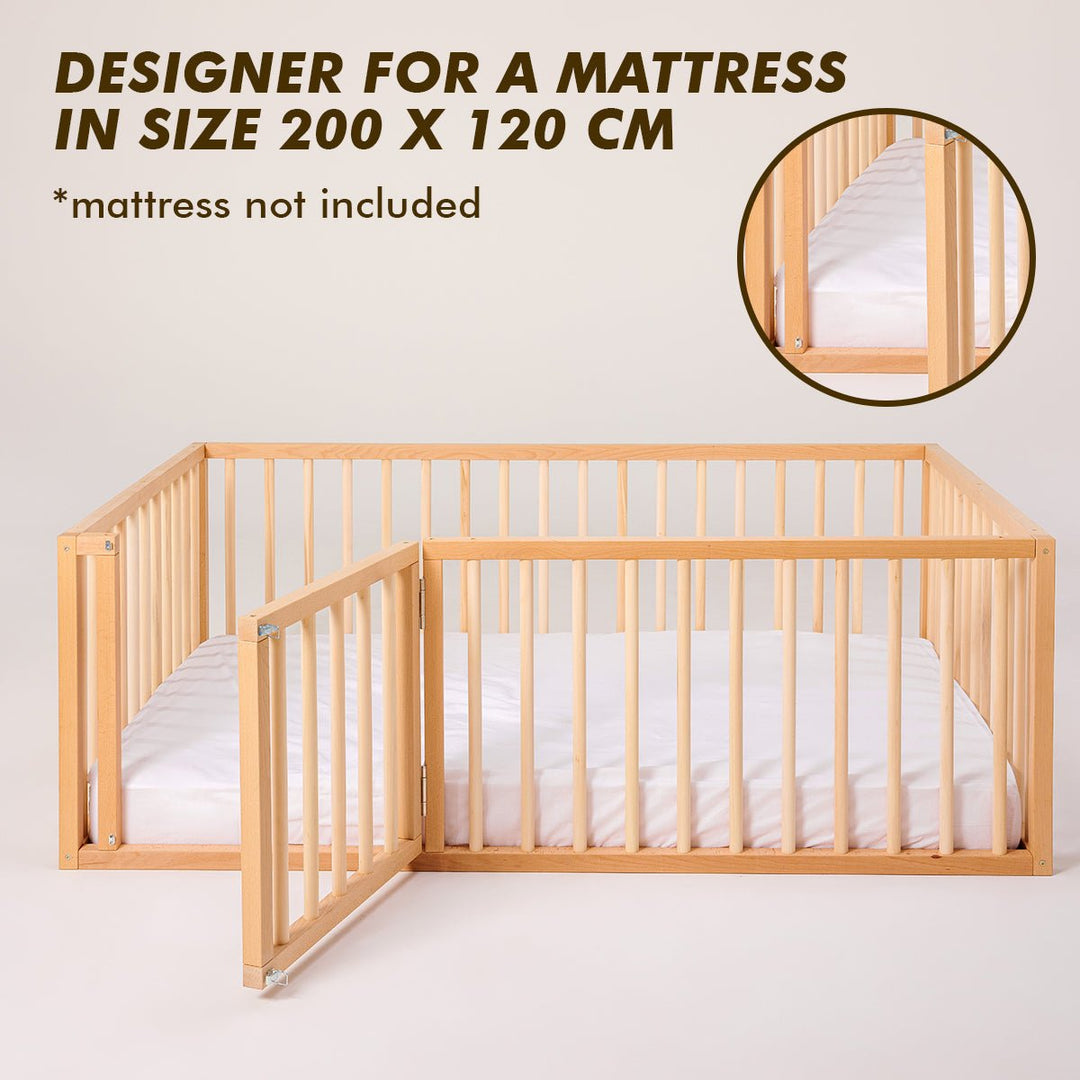 Montessori Floor Bed with Fence – Wooden Toddler Bed for Safe Sleep & Play
