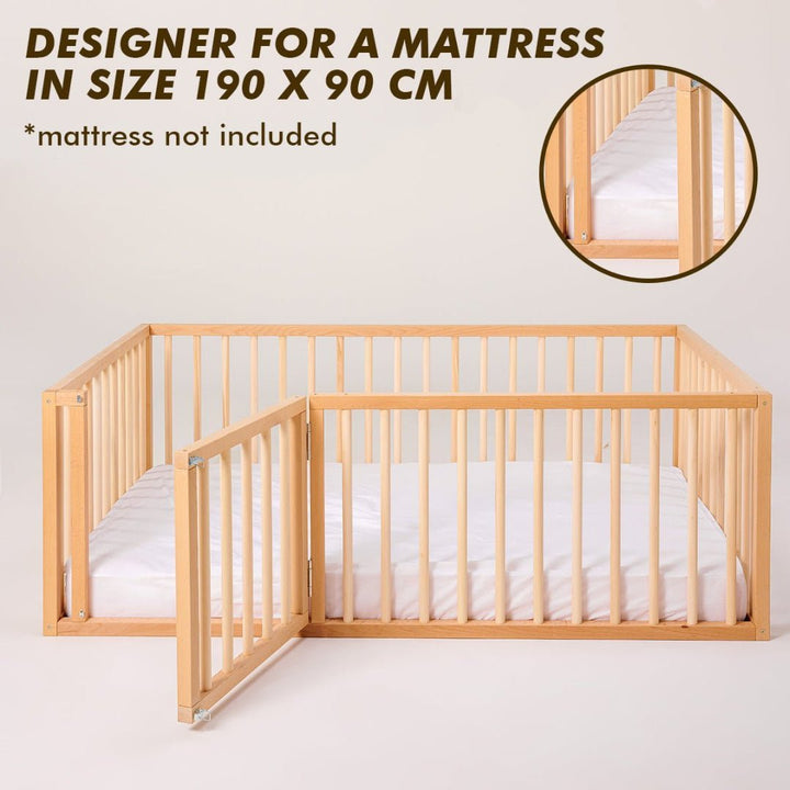 Montessori Floor Bed with Fence – Wooden Toddler Bed for Safe Sleep & Play