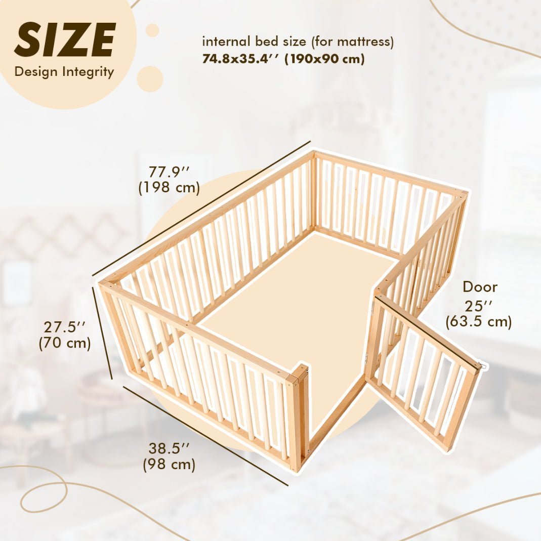 Montessori Floor Bed with Fence – Wooden Toddler Bed for Safe Sleep & Play