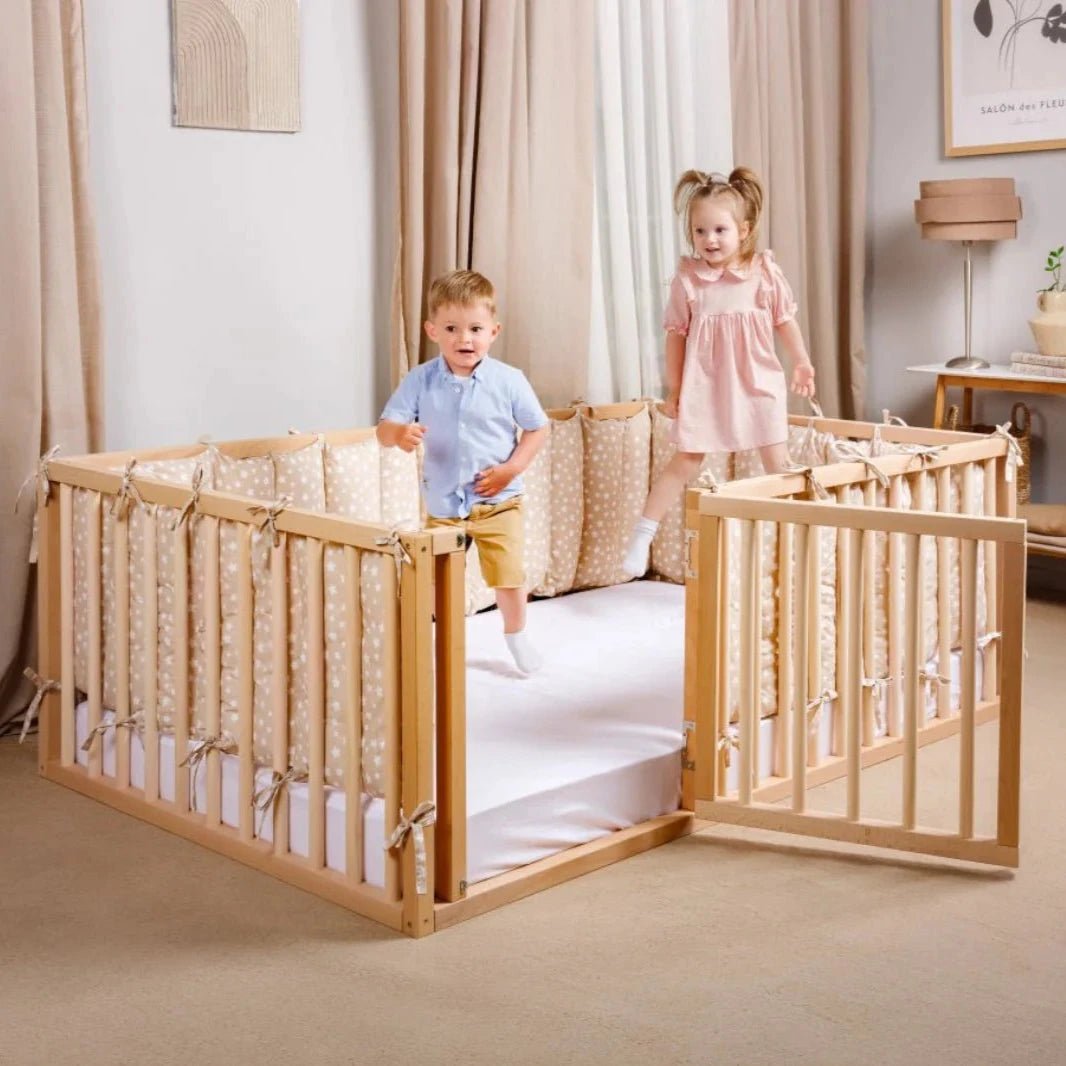 Montessori Floor Bed with Fence – Wooden Toddler Bed for Safe Sleep & Play